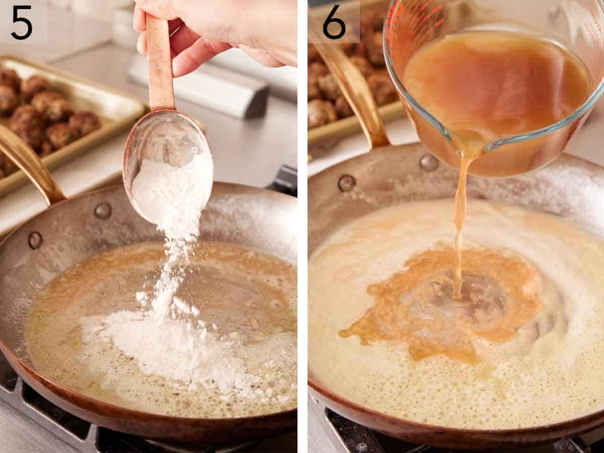Set of two photos showing flour and broth added to a skillet.