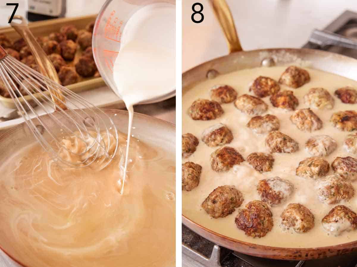 Set of two photos showing cream whisked into the skillet before adding the meatballs to the sauce.