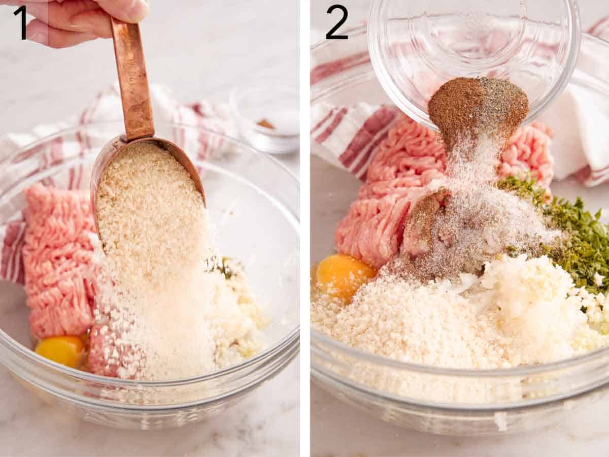 Set of two photos showing breadcrumbs and seasoning added to a bowl with ground meat and egg.
