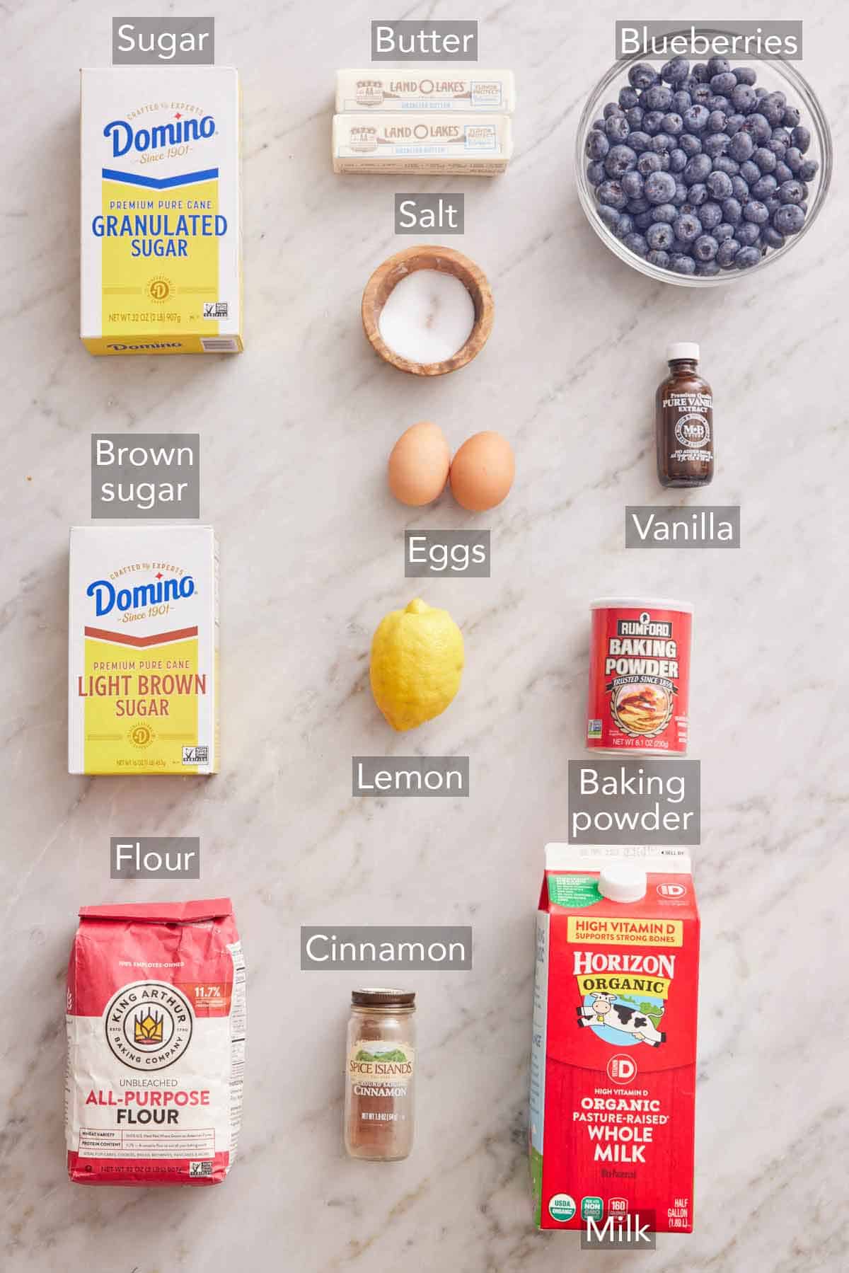 Ingredients needed to make a blueberry buckle.