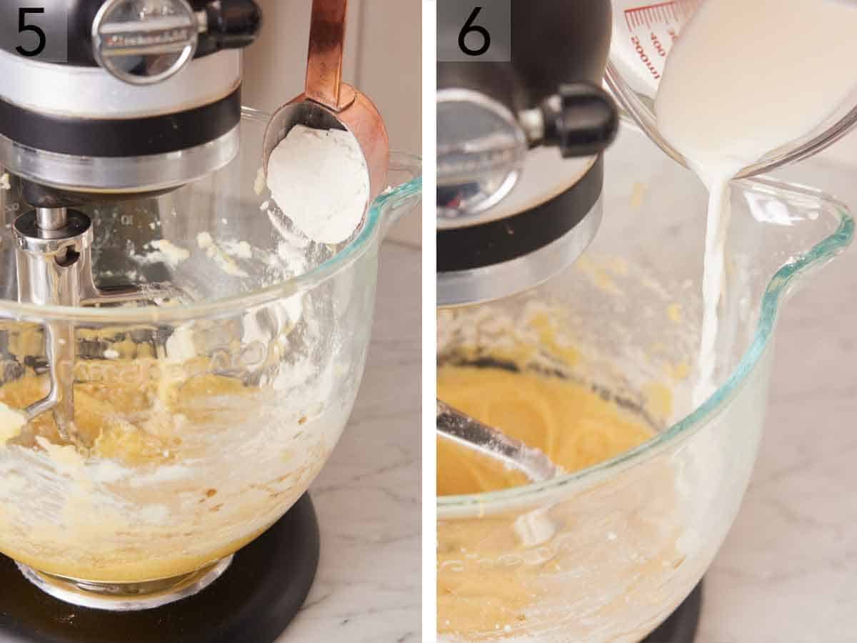 Set of two photos showing flour and milk added to the mixer.