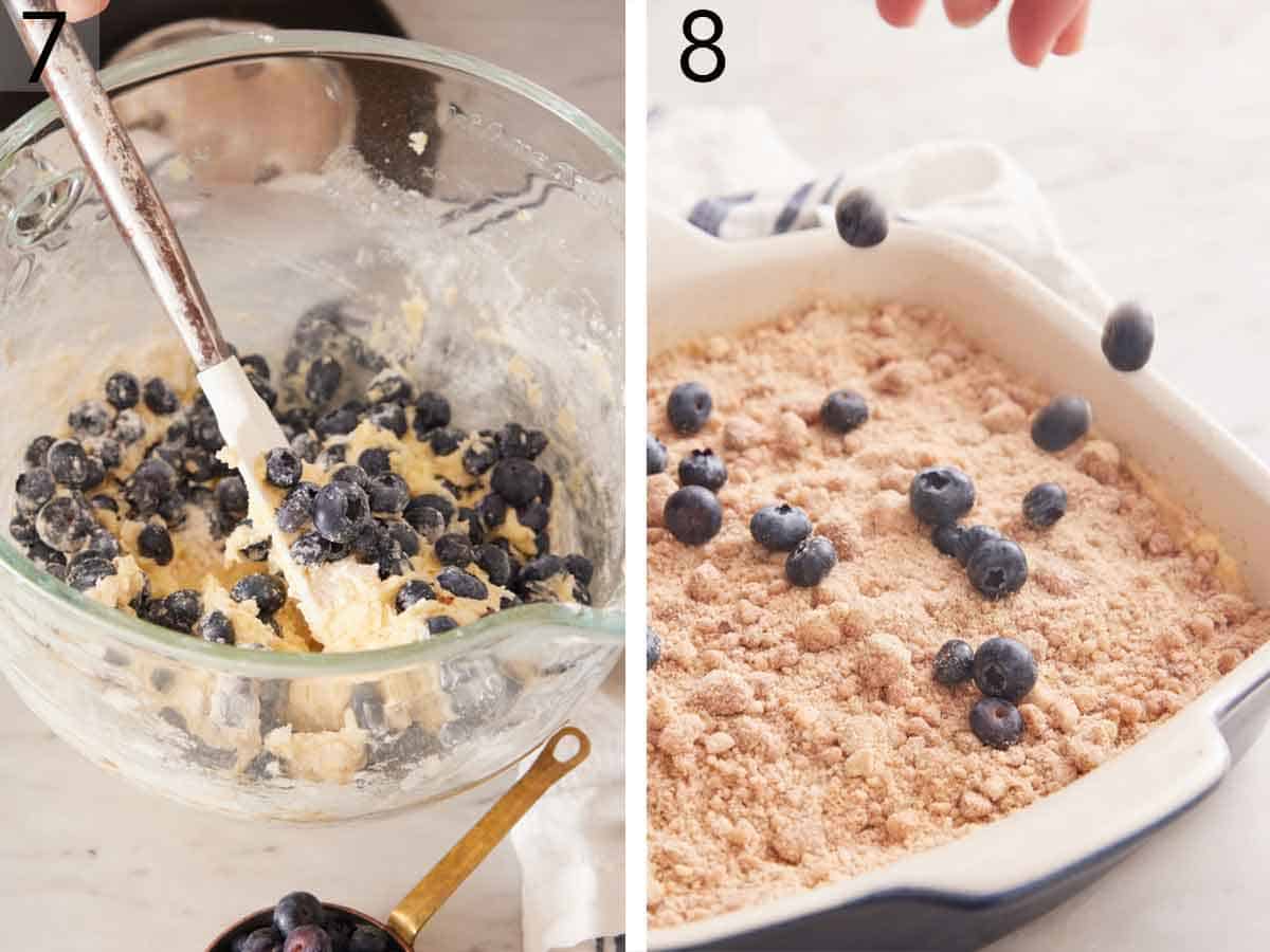 Set of two photos showing blueberries folded into a bowl of batter and then more berries placed on top of the buckle before baking.