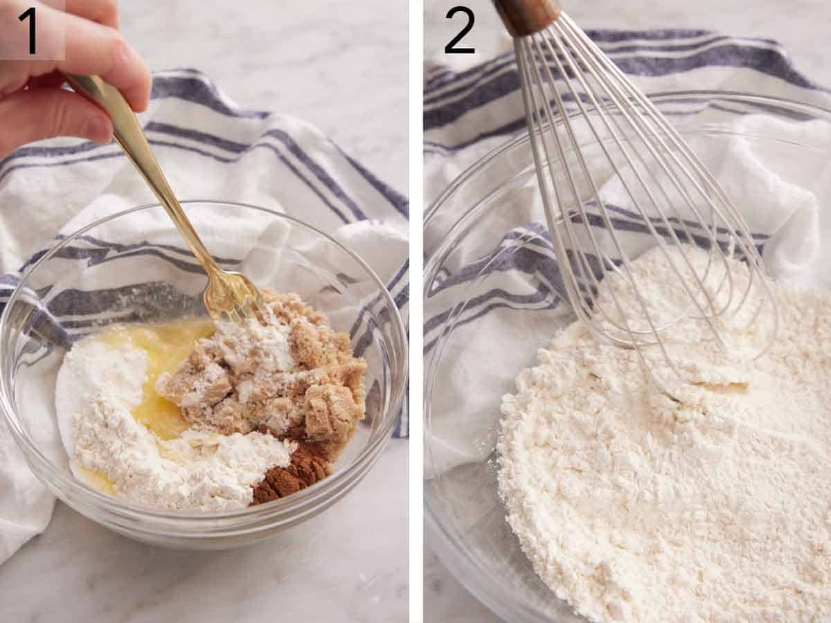 Set of two photos showing flour, sugars, and cinnamon mixed with a fork in a bowl and more flour whisked in a bowl.
