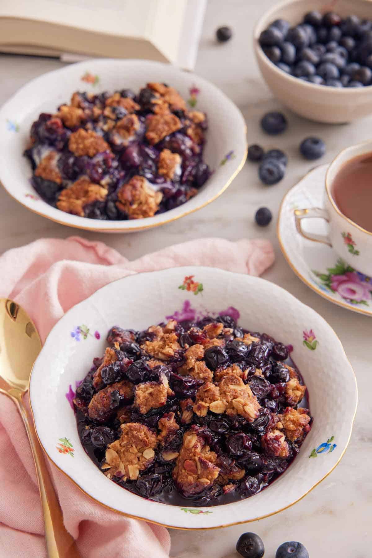 Two bowls of blueberry crisp with one in the background with a bowl of blueberries.