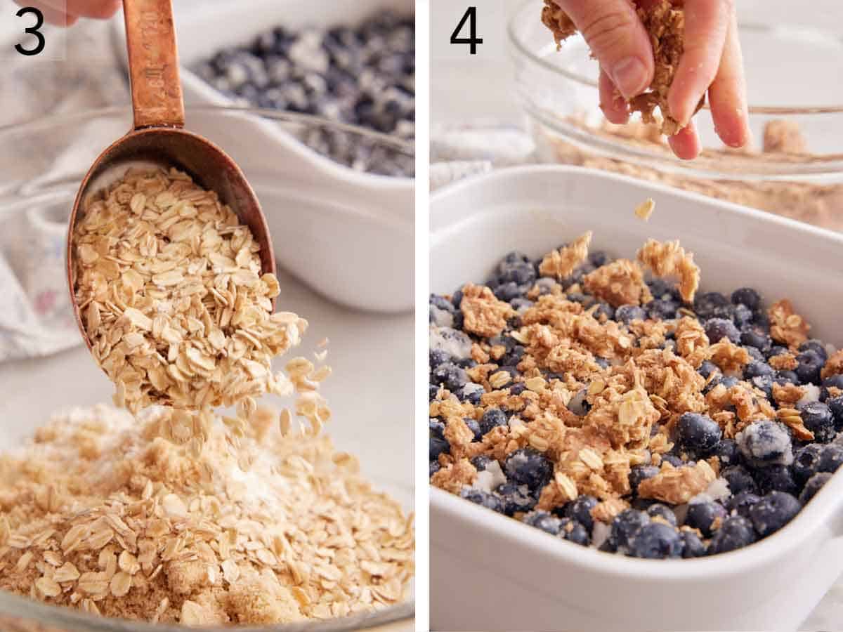 Set of two photos showing rolled oats poured into a bowl then sprinkled over the berries in the baking dish.