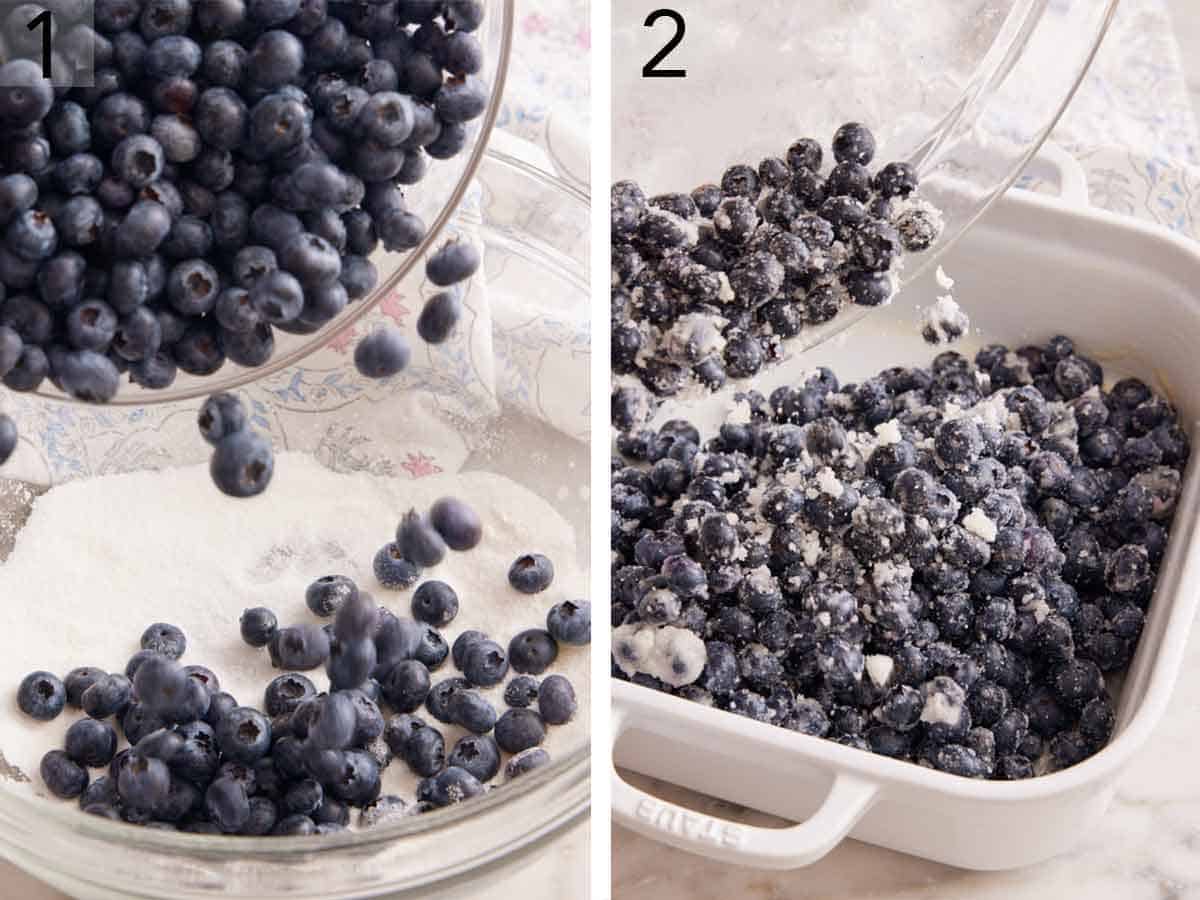 Set of two photos showing berries added to a bowl of sugar and then poured into a baking dish.