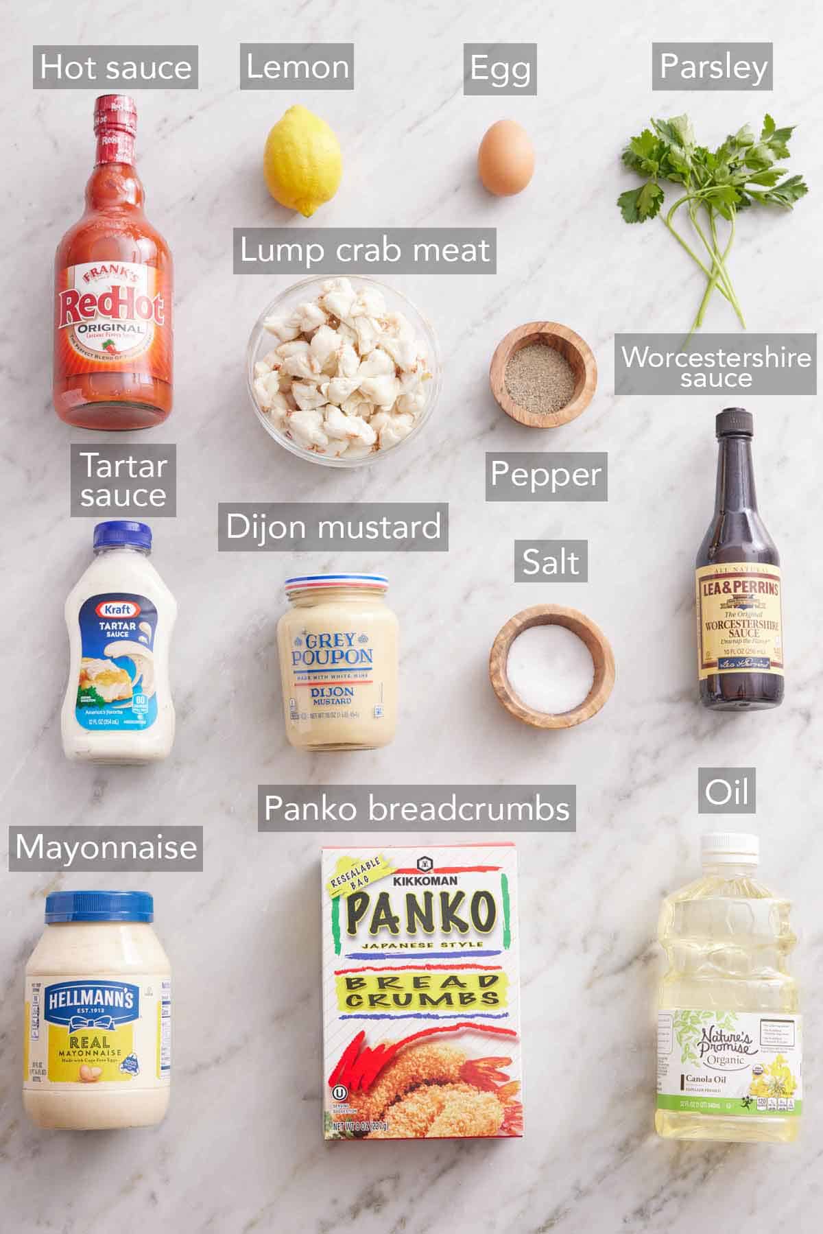 Ingredients needed to make crab cakes.