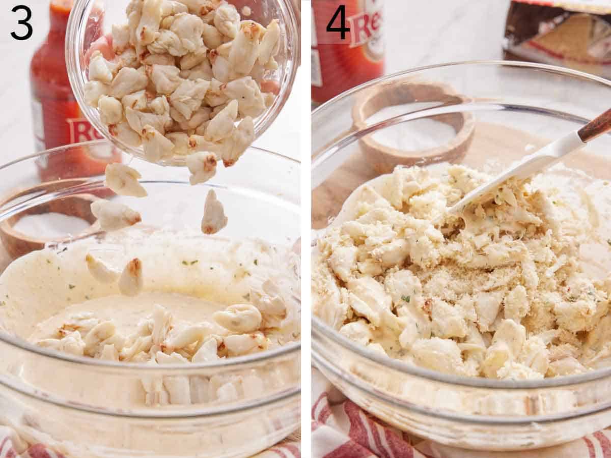 Set of two photos showing crab meat added to the bowl of liquid ingredients and stirred together.