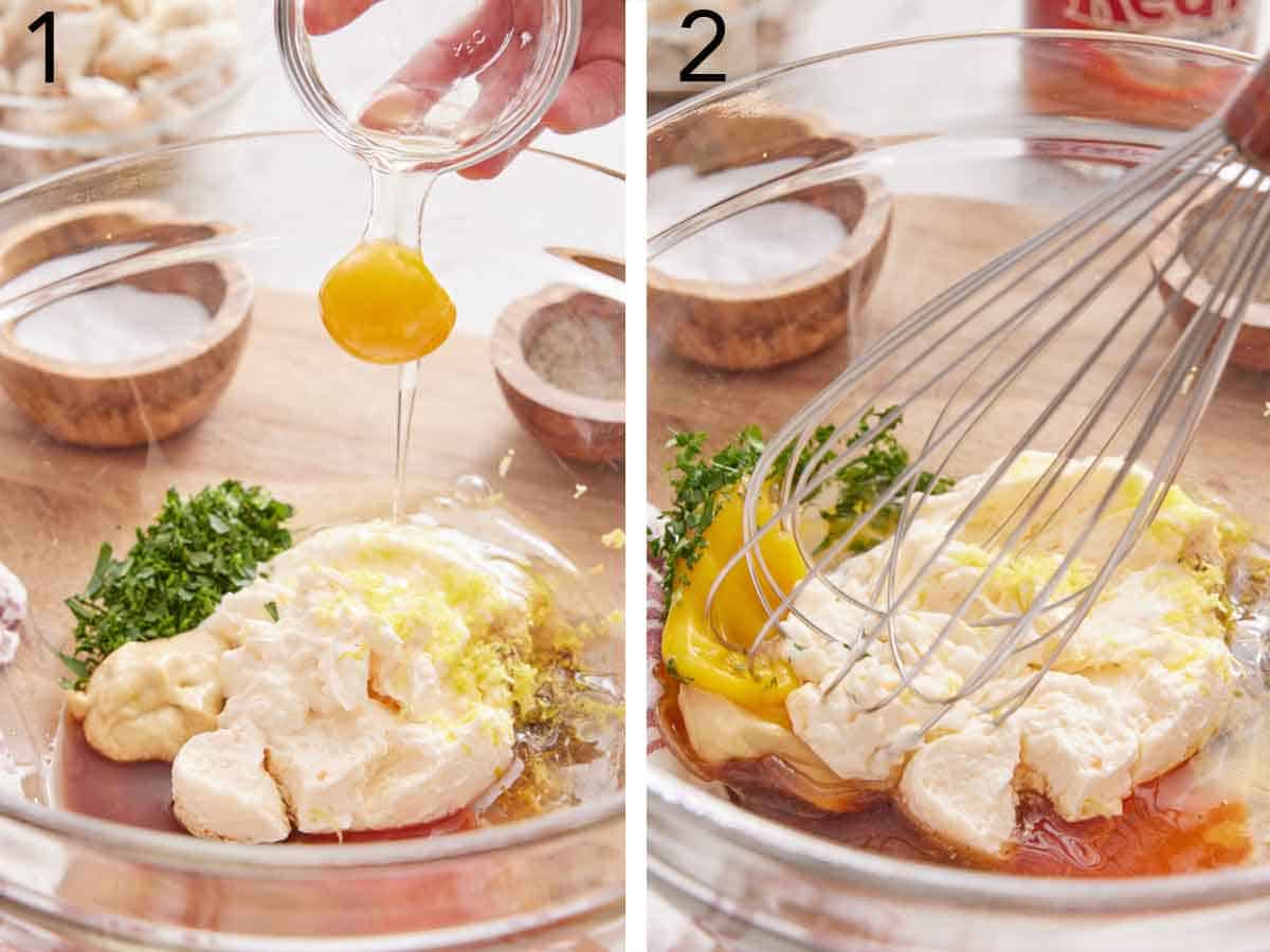 Set of two photos showing an egg added to a bowl of mayo, parsley, lemon zest, lemon juice, Dijon mustard, and Worcestershire sauce then whisked together.