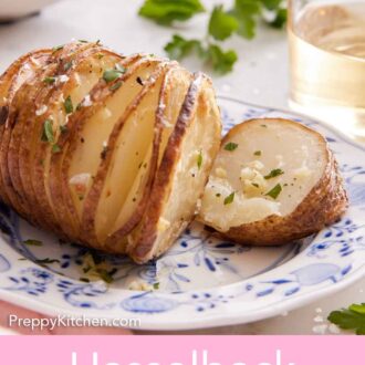 Pinterest graphic of a plate with a hasselback potato cut open.