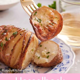 Pinterest graphic of a piece of a hasselback potato lifted with a fork from a plate.