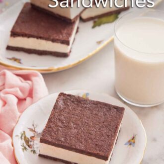 Pinterest graphic of an ice cream sandwich on a plate with a glass of milk and platter with more ice cream sandwiches in the background.
