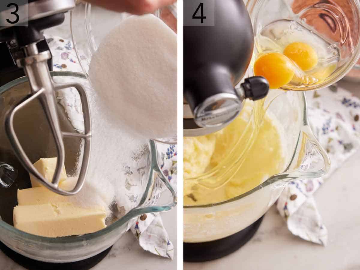 Set of two photos showing sugar added to a mixer with butter and eggs poured in after mixing.