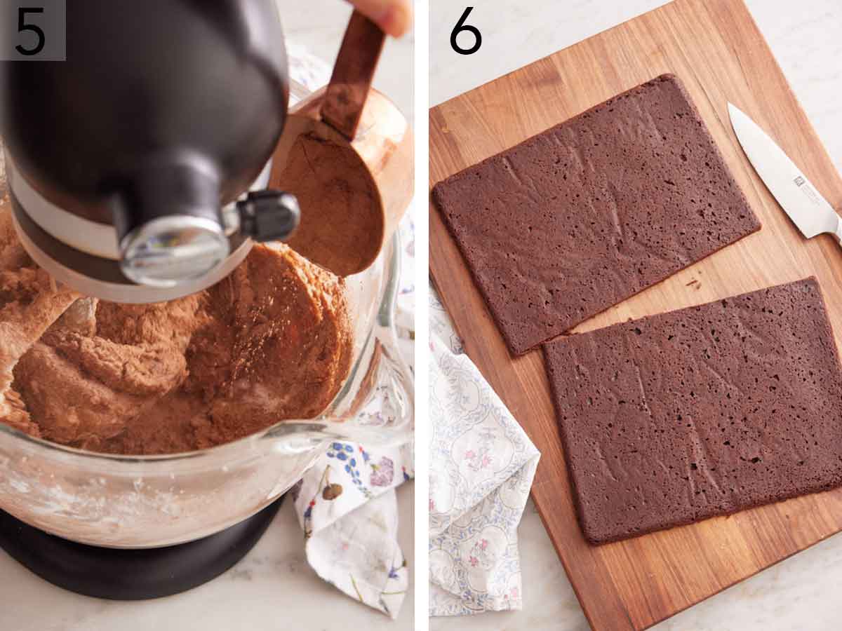 Set of two photos showing cocoa mixture added to a mixer and the cookie baked and cut in half.