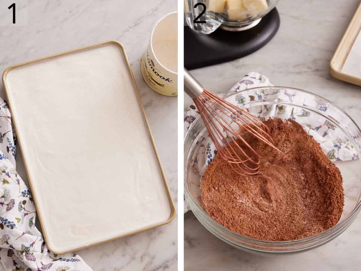 Set of two photos showing ice cream spread onto a sheet pan and flour, cocoa, baking powder, and salt whisked together in a bowl.