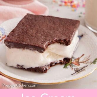 Pinterest graphic of a plate with an ice cream sandwich with a bite taken out of the corner.