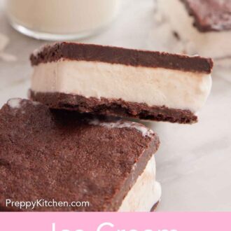 Pinterest graphic of an ice cream sandwich leaned on top of another sandwich, showing the layers.
