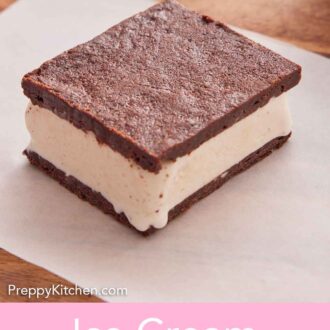 Pinterest graphic of an ice cream sandwich on top of a piece of parchment paper.
