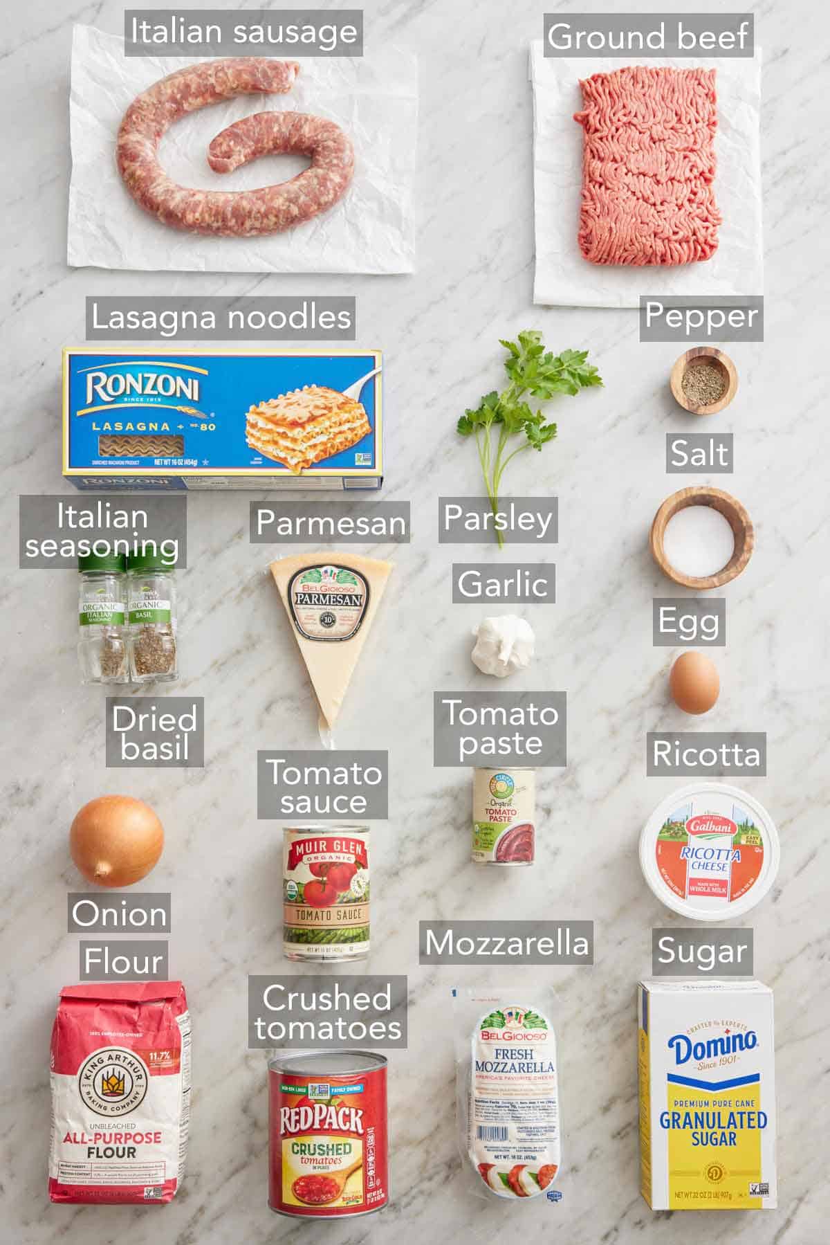 Ingredients needed to make lasagna.