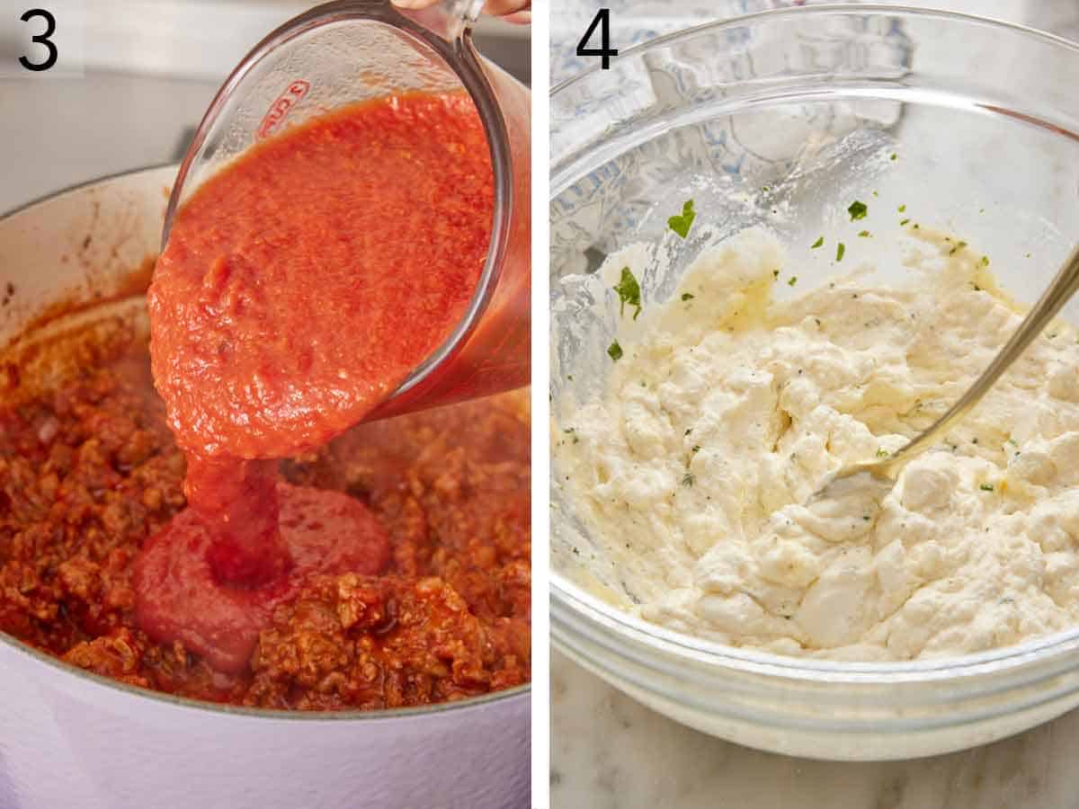 Set of two photos showing tomato sauce added to a pot and a cheesy filling mixed in a bowl.