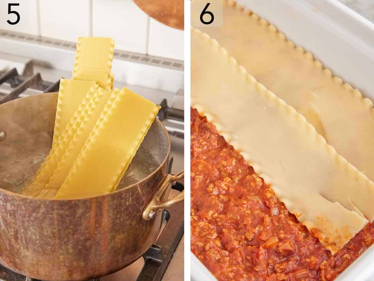 Set of two photos showing noodles cooked in a pot of water then layered over the meat mixture in a baking dish.