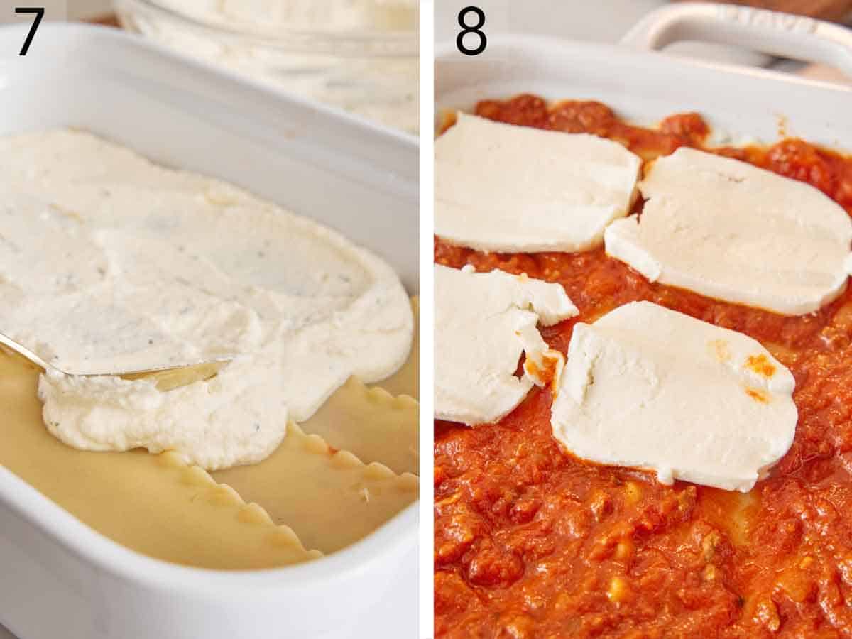Set of two photos showing ricotta mixture spread over lasagna noodles and then meat sauce and mozzarella layered on top.