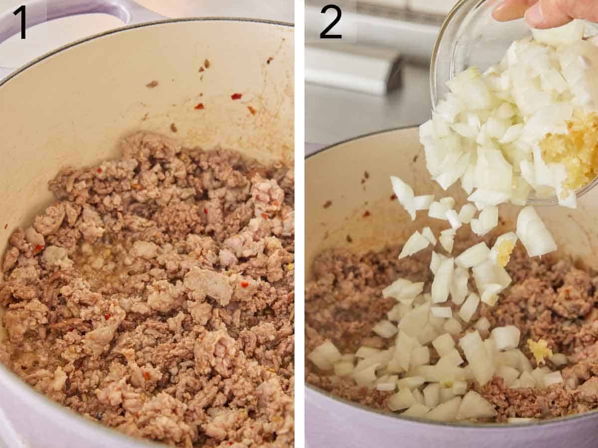 Set of two photos showing meat browned in a pot and onions added.