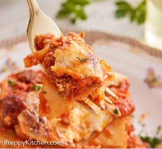 Pinterest graphic of a forkful of lasagna lifted from a plate.