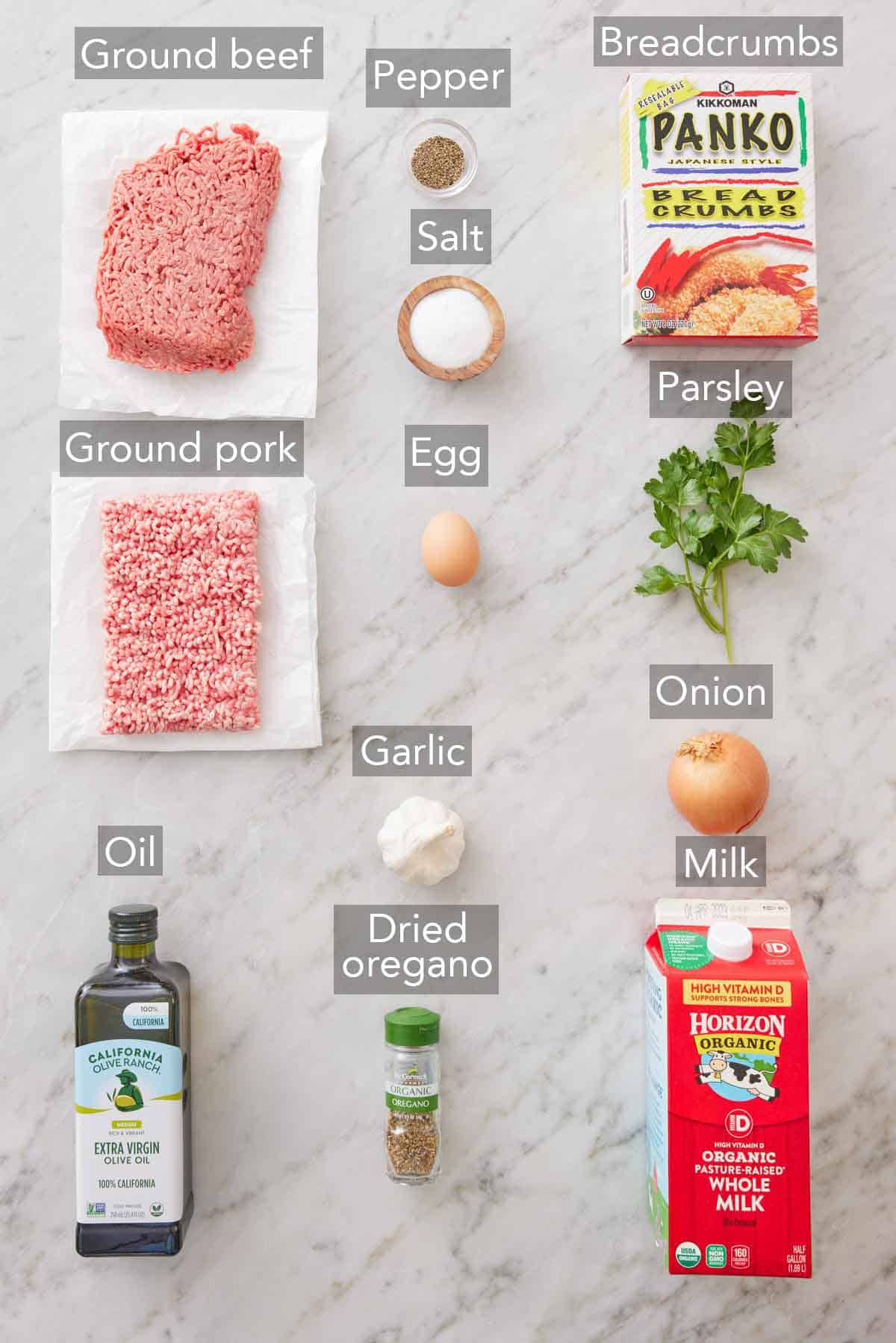Ingredients needed to make meatballs.