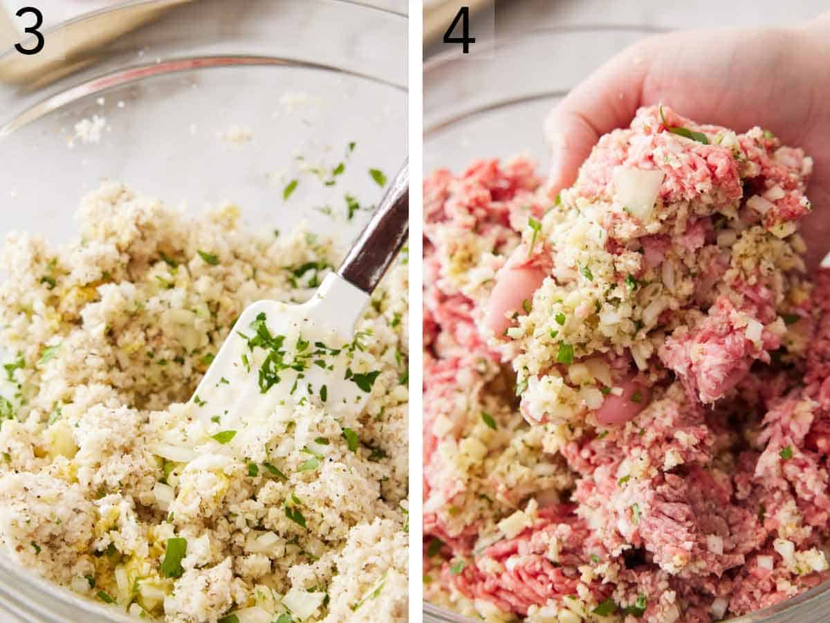 Set of two photos showing breadcrumb mixture stirred together and combined with ground meat.