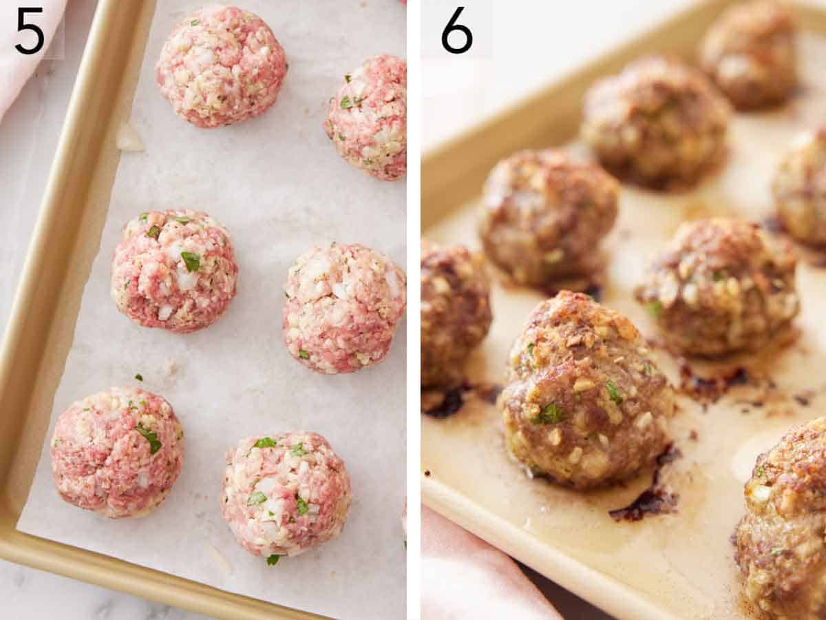 Set of two photos showing before and after meatballs baked on a sheet pan.
