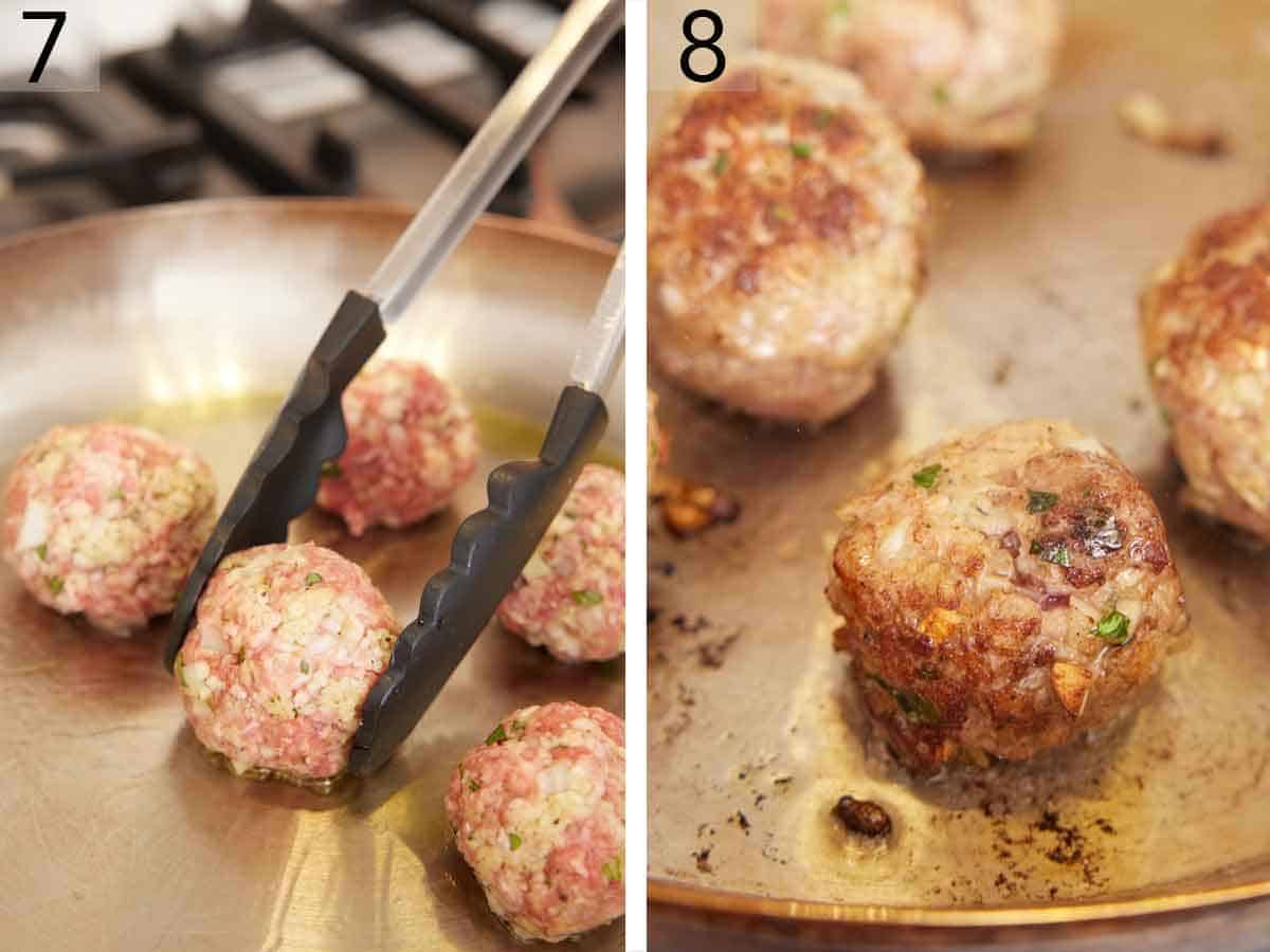 Set of two photos showing before and after meatballs cooked in a skillet.