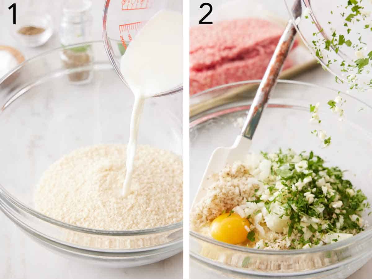 Set of two photos showing milk added to breadcrumbs and additional filling ingredients added to the breadcrumbs.