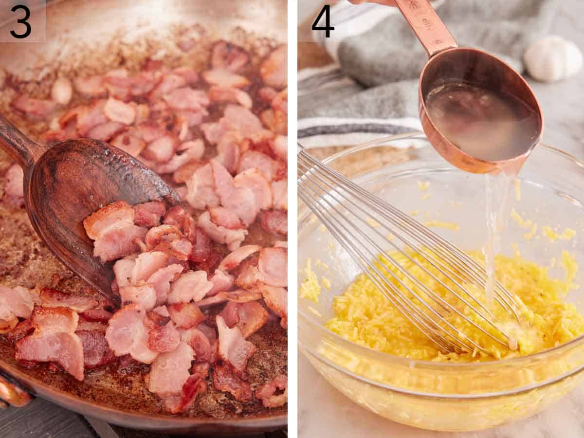 Set of two photos showing bacon bits cooked in a skillet and pasta water added to the bowl of whisked parmesan.