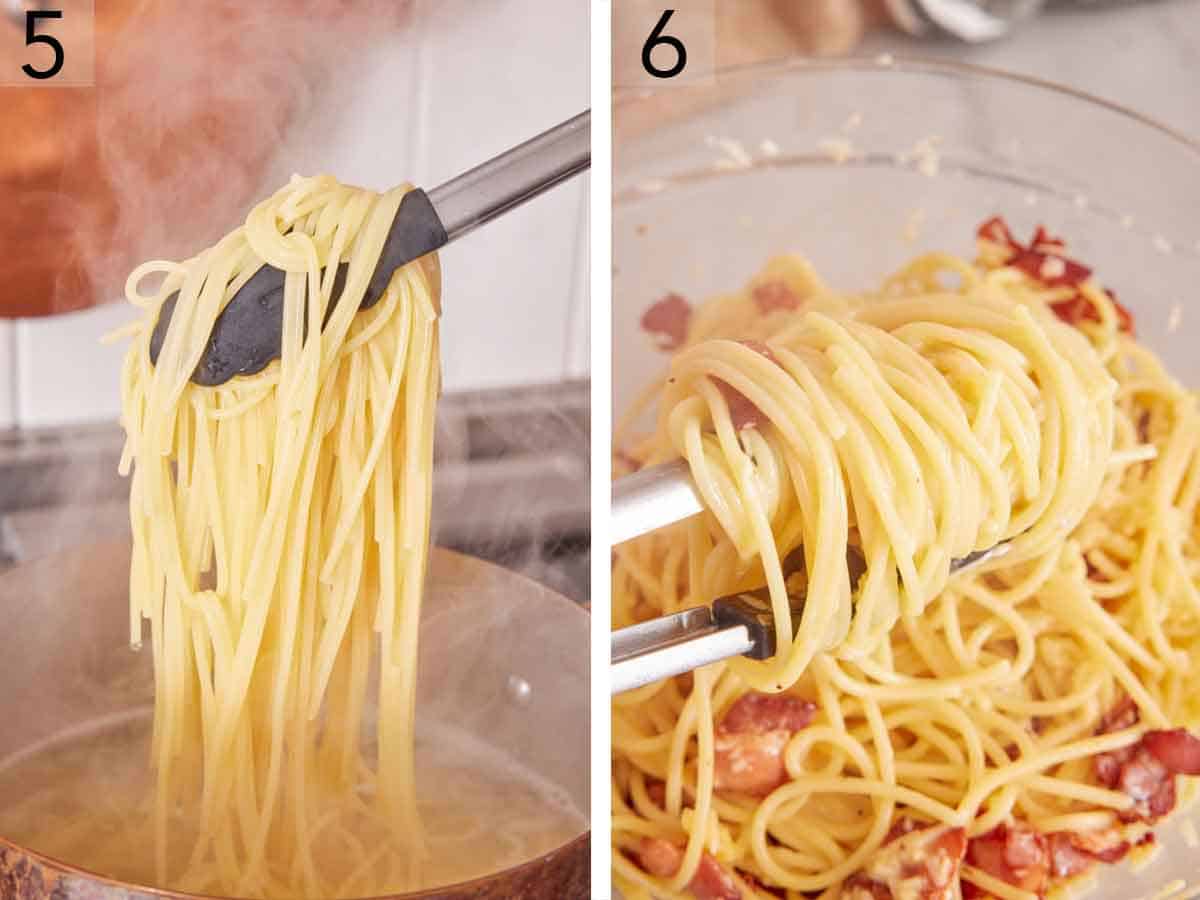 Set of two photos showing cooked spaghetti lifted out of the pot of water and added to the bowl of sauce.