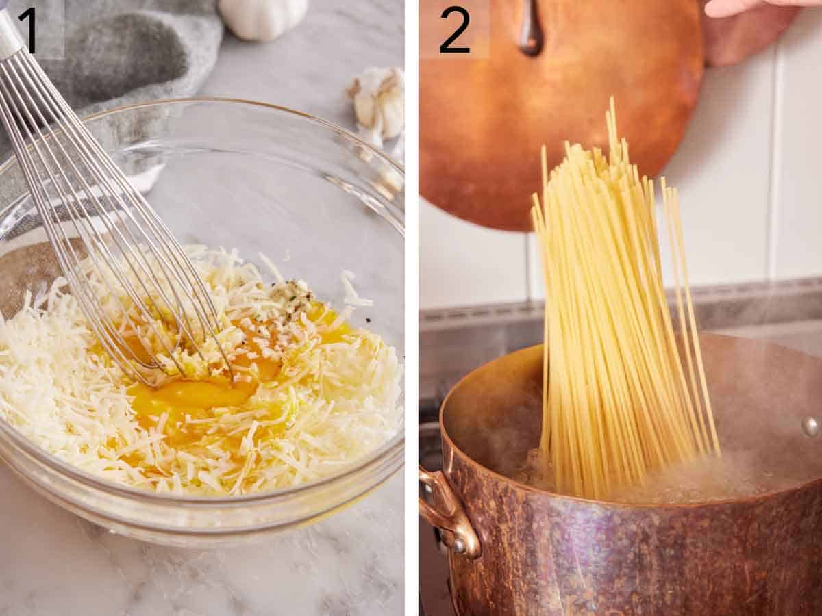 Set of two photos showing grated parmesan whisked with eggs and spaghetti added to a pot of water.