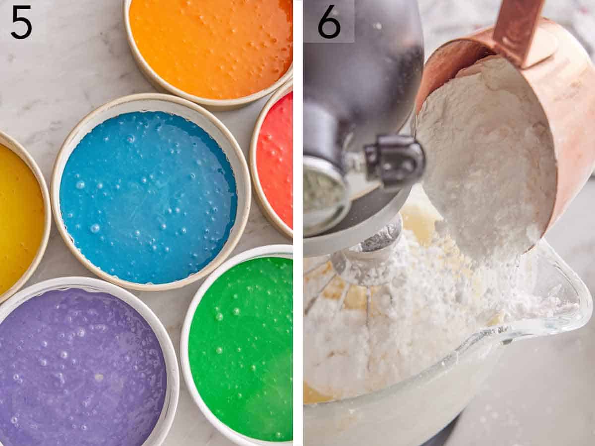 Set of two photos showing multiple cake pans full of different colored batter and powdered sugar added to a mixer.