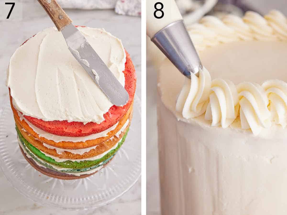 Set of two photos showing buttercream spread onto the cake and piped onto the top of the cake.