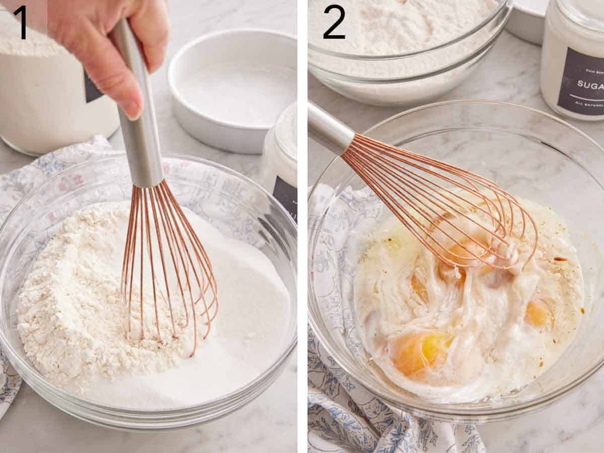 Set of two photos showing dry ingredients whisked together in a bowl and wet ingredients whisked together in a separate bowl.