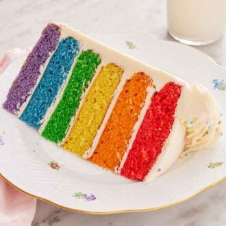 A plate with a slice of rainbow cake on its side, showing 6 different colored layers.
