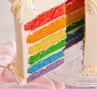 Pinterest graphic of a slice of rainbow cake being removed from the cake.