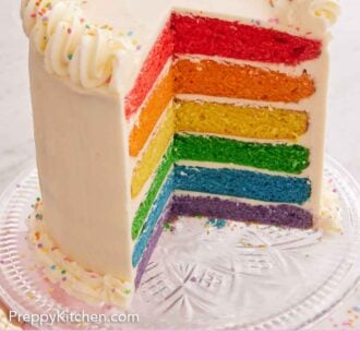 Pinterest graphic of a rainbow cake with a quarter of it cut out, on a cake stand.