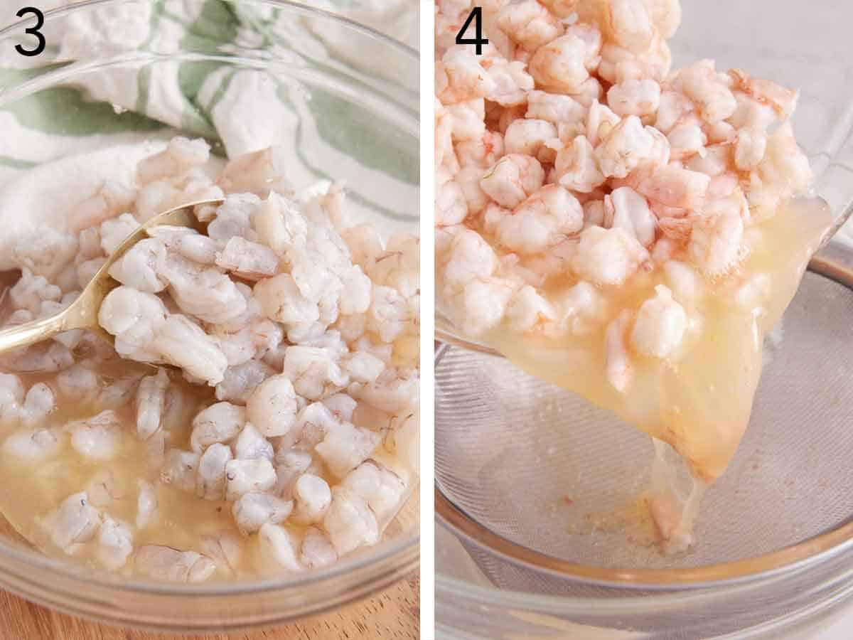 Set of two photos showing the shrimp mixed into the citrus juice and then drained.