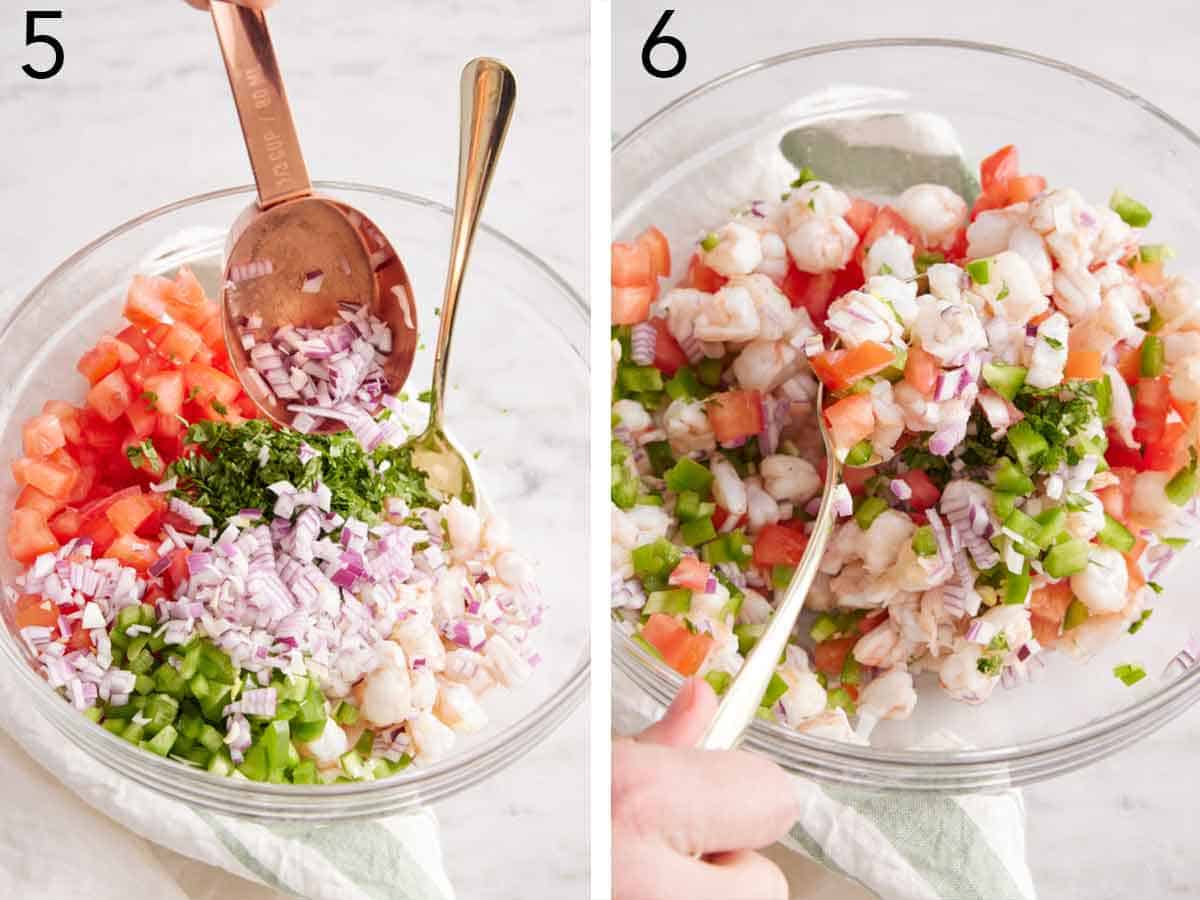 Set of two photos showing red onions added to a bowl with the rest of the recipe ingredients and mixed.