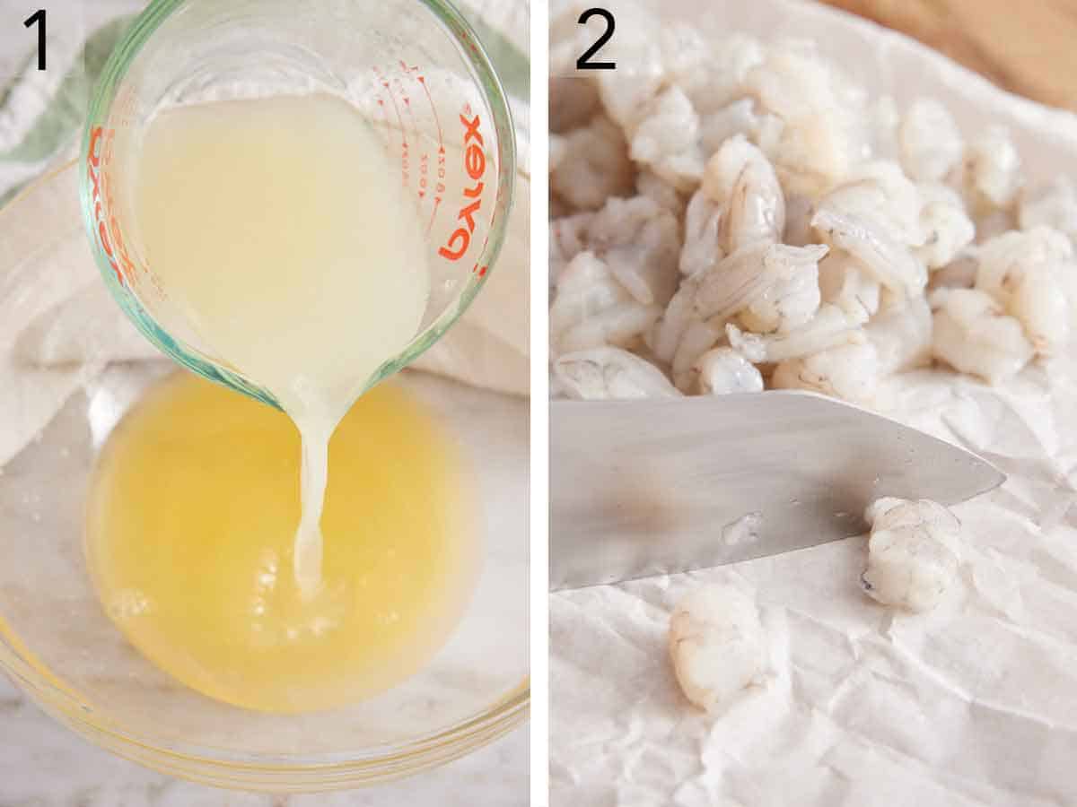 Set of two photos showing citrus juice added to a bowl and shrimp cut.
