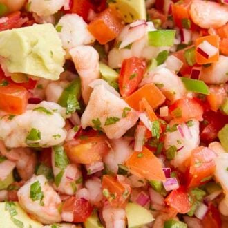 Close up of shrimp ceviche with chopped cilantro on top.