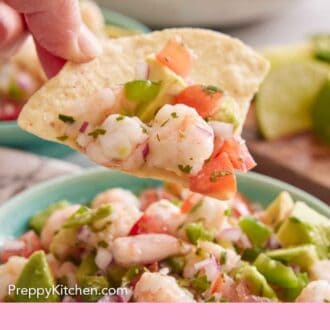 Pinterest graphic of a tortilla chip scooping up shrimp ceviche.