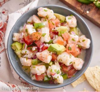 Pinterest graphic of an overhead view of a bowl of shrimp ceviche with some chips and jalapeno on the side.