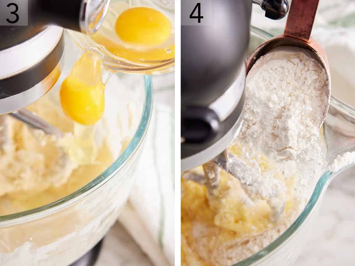 Set of two photos showing eggs and flour mixture added to a mixer.
