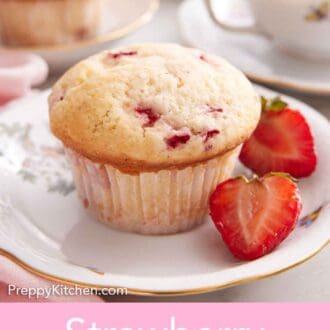 Pinterest graphic of a plate with a strawberry muffin with a cut strawberry with a glass of coffee and second muffin in the background.
